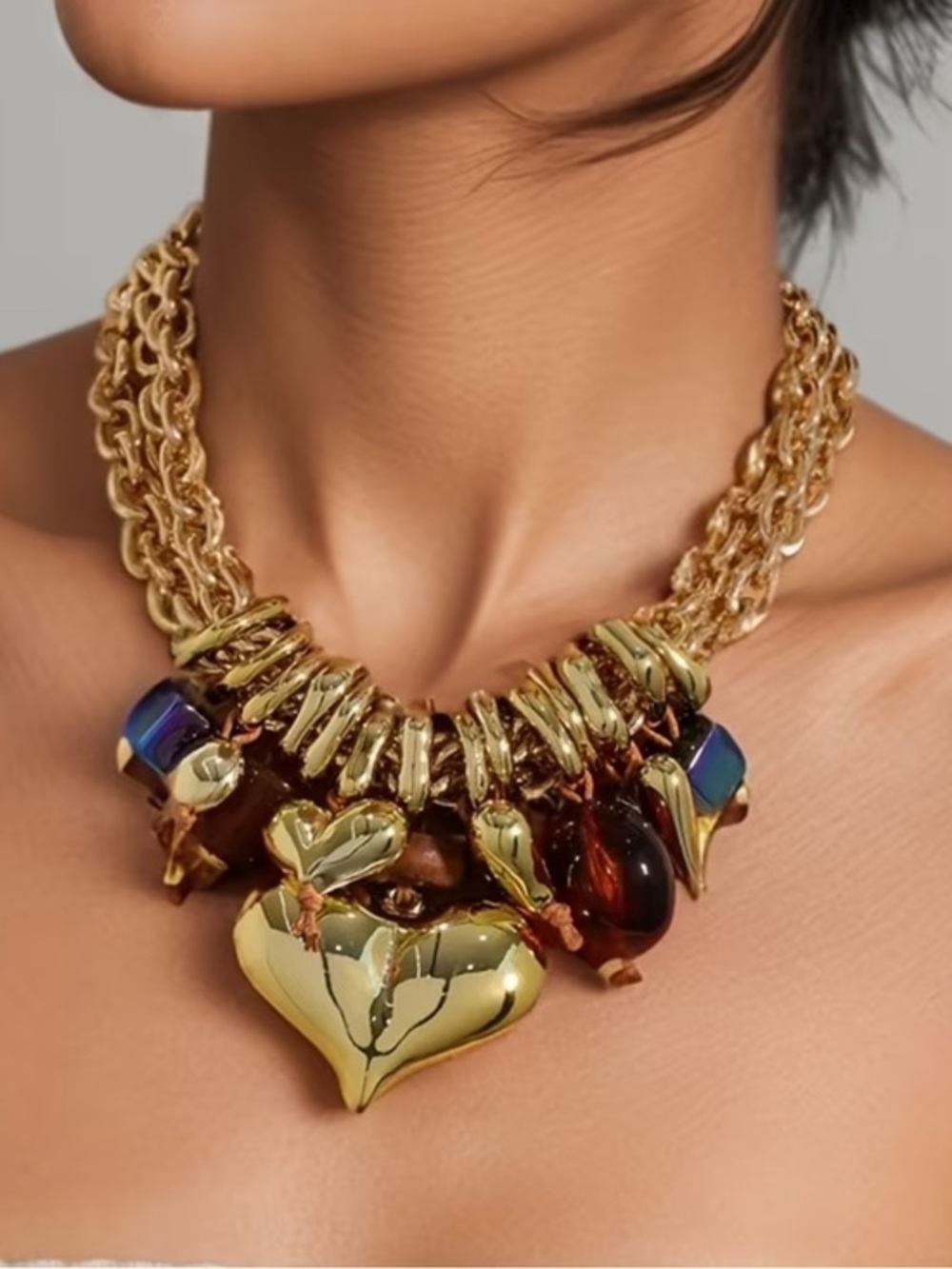 Gold Heart Charm Statement Necklace - Women Jewelry